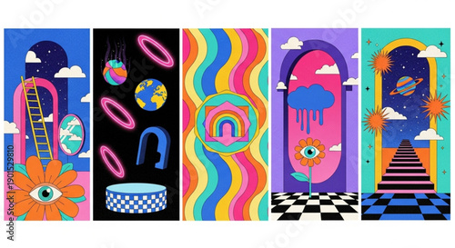 surreal dreamscapes, featuring cosmic elements, playful patterns, and whimsical imagery perfect for creative mobile stories