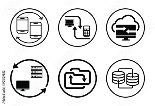 Black and white line icons depicting various data transfer and synchronization concepts online