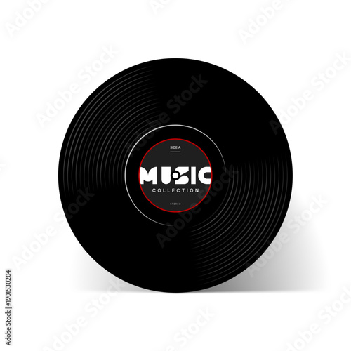 Black vinyl record with music collection label as abstract vector graphic for audio product design