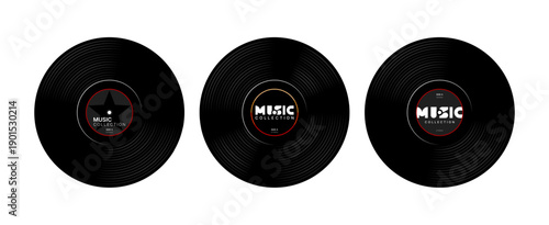 Three black music record designs. Retro music collection concept for audio entertainment. Vintage vinyl disc graphic.