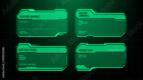 Green heads up display elements with system module and power unit data on dark background. Futuristic virtual interface for technology information.