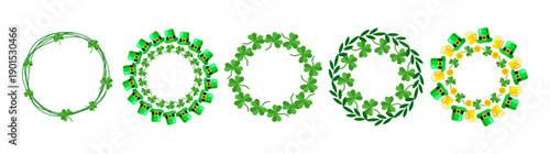 Set of decorative St Patricks Day wreaths made of shamrock, clover, leprechaun hat, beer and gold coins. Irish holiday frames for greeting card, banner, invitation, social media and design