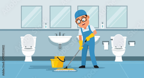 A cheerful janitor in blue overalls wearing yellow gloves and glasses cleans a restroom floor with a mop and bucket