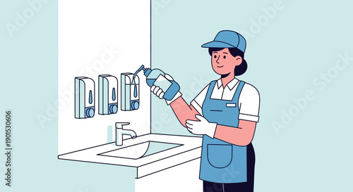 A cleaner wearing an apron and cap dispenses sanitizer at a sink with dispensers