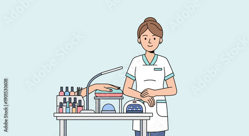 Professional manicurist attending to a client's hand with nail polish and lamp at a beauty salon station