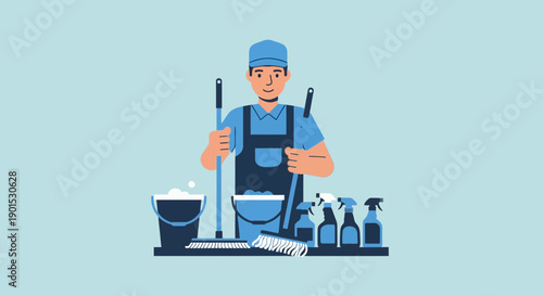 Smiling cleaner in uniform with mop, broom, buckets, and spray bottles for hygiene services