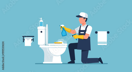Professional cleaner meticulously sanitizing a toilet bowl with spray and brush in a bathroom setting.