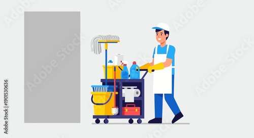 Smiling cleaner with fully stocked cart ready to perform cleaning services