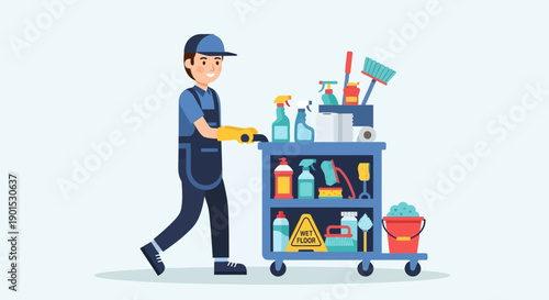 Friendly cleaner pushing a well-stocked cleaning cart with various supplies and tools