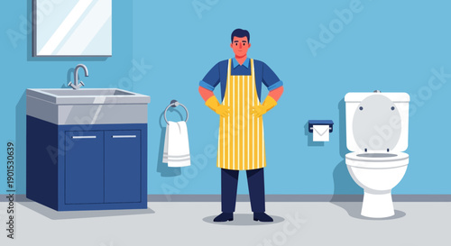 Professional cleaner in yellow apron and gloves in a bathroom setting, ready for duty