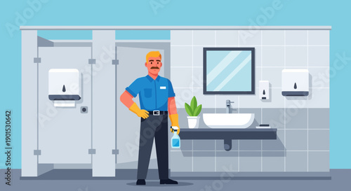 Janitor with cleaning spray and gloves in a public restroom, ready for sanitation duties