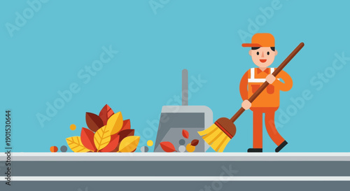 A happy street cleaner in an orange uniform sweeps fallen autumn leaves into a dustpan with a broom