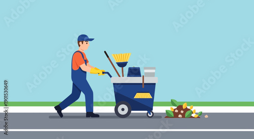 A male cleaner in blue overalls and cap pushing a cleaning cart with tools on a sidewalk beside debris
