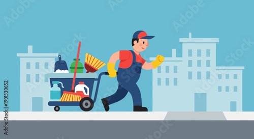 Smiling cleaner in uniform pushing a cleaning cart with broom and supplies along city street