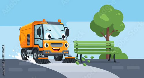 Friendly cartoon street sweeper vehicle cleaning park path with its brushes