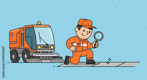 Cartoon cleaner inspecting the street with a magnifying glass near a street sweeper vehicle