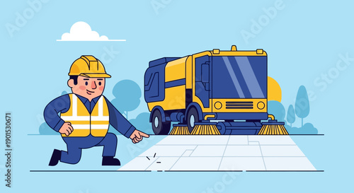 A friendly street sweeper worker in a bright yellow vest and hardhat directs a large cleaning truck on a paved surface.