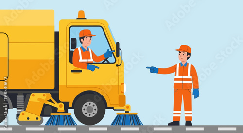 Street sweeper truck and sanitation worker pointing to coordinate cleaning tasks