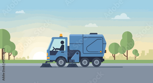 Blue street sweeping truck with driver cleaning the road in a city environment during daytime