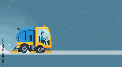 A street sweeper truck with a driver cleaning the road in a blue and gray setting