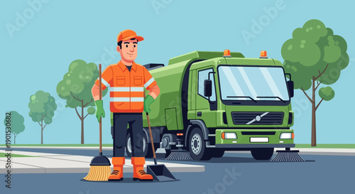 Cartoon sanitation worker with broom and dustpan beside a green garbage truck