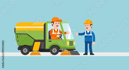 Sanitation worker driving a street sweeper truck and directing another worker
