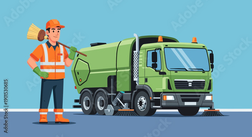 Street sweeper truck with worker performing cleaning duties on urban road