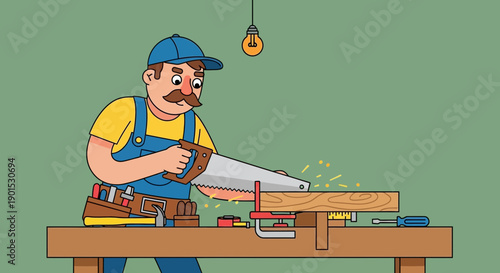 Cartoon carpenter diligently sawing a wooden plank with a hand saw on a workbench