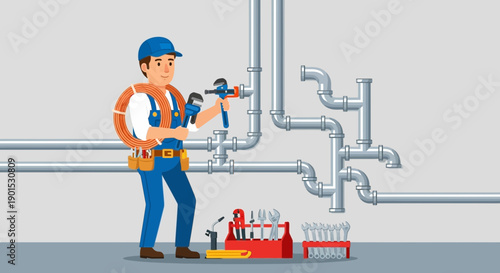Skilled plumber with tools working on a complex pipe system