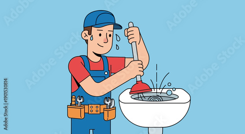 Cartoon plumber wearing blue overalls and red shirt diligently plunging a clogged sink with a plunger.