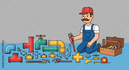 Plumber with tools and pipes collection, ready for repair work