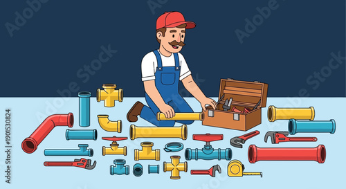 Skilled Plumber Working With Assorted Pipes and Tools in Workshop Setting