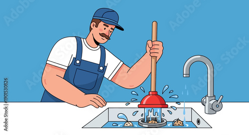 Plumber Using Plunger to Clear Clogged Sink with Water Splashing