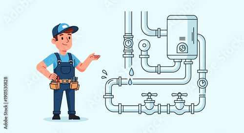 Friendly plumber addressing leaking pipes and water heater in a modern illustration