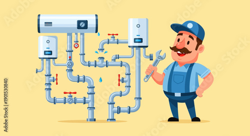 A cheerful plumber holding a wrench stands next to a complex network of pipes and water heaters, ready for repair