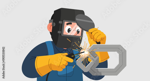 Skilled craftsman wearing protective gear welding metal components with bright sparks illuminating the scene.