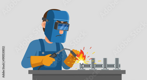 Skilled welder in protective gear performing metal fabrication with a bright welding torch.