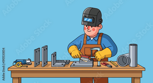 Cartoon welder wearing safety gear preparing metal parts on a workbench