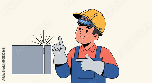 Cartoon welder in protective gear points towards metal being joined by welding sparks