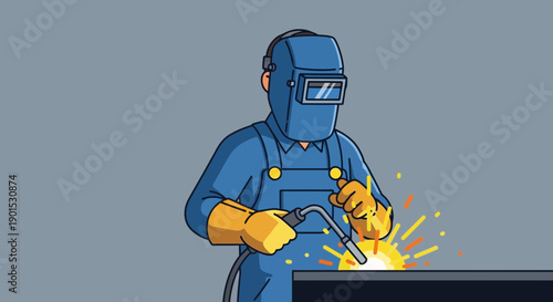 Skilled welder in protective gear performing metalwork with sparks flying