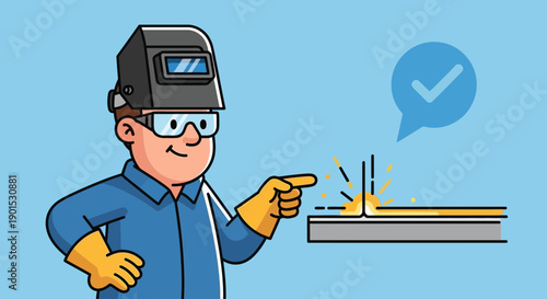 Cartoon welder in safety gear pointing towards a welding seam with sparks flying