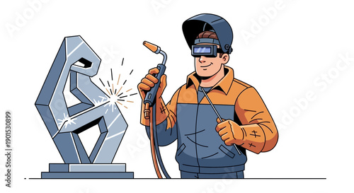Skilled welder with helmet and torch creating metal art, isolated on transparent background.