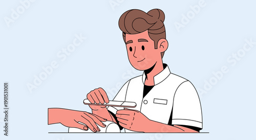 Manicurist giving a nail treatment with a file in a salon setting