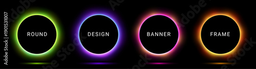 Neon glow light round background frame. 3d neon blue purple circle vector red ring button effect design.