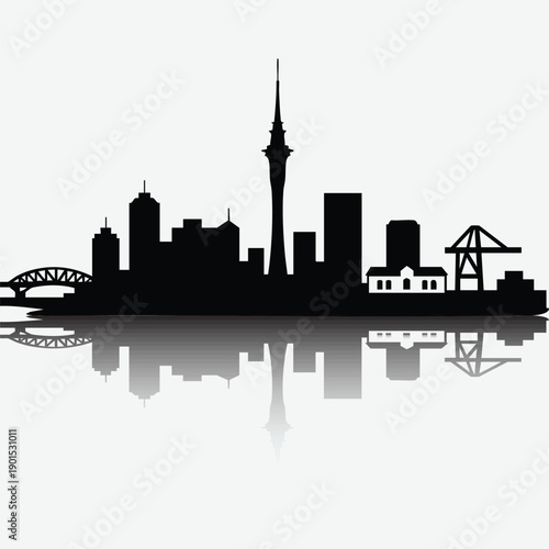 Auckland Skyline with Reflection. This vector illustration is ideal for travel guides, editorial layouts, branding materials, and presentations related to Auckland, New Zealand, or urban environments.
