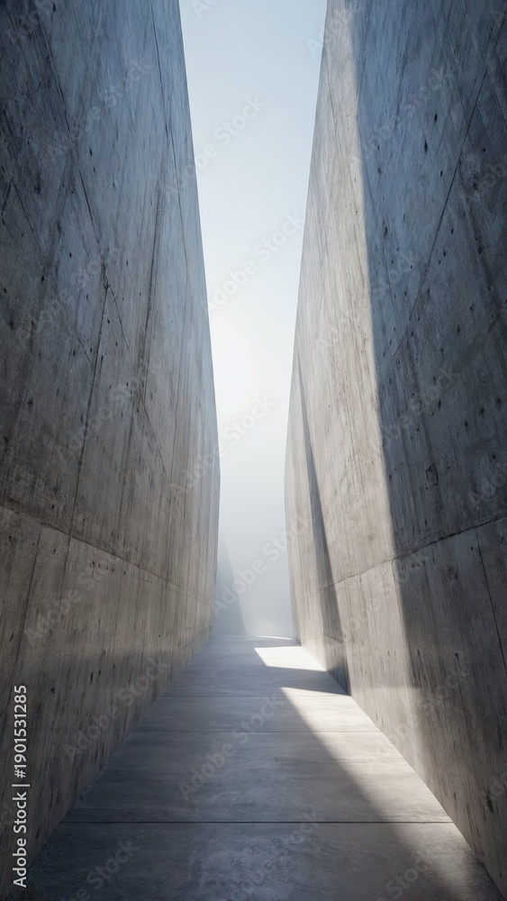 Obraz premium Monumental fictional architectural interior with tall minimalist stone walls and soft natural light. Abstract, timeless space conveying silence, scale, and future-oriented design. 
