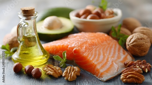 Selection of Healthy Fats Salmon Nuts and Avocado