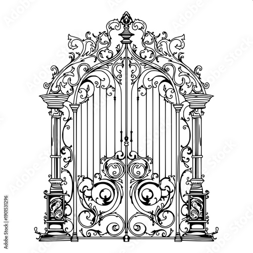 Vintage ornamental metal gate SVG, baroque floral vine design, luxury mansion front gate silhouette
