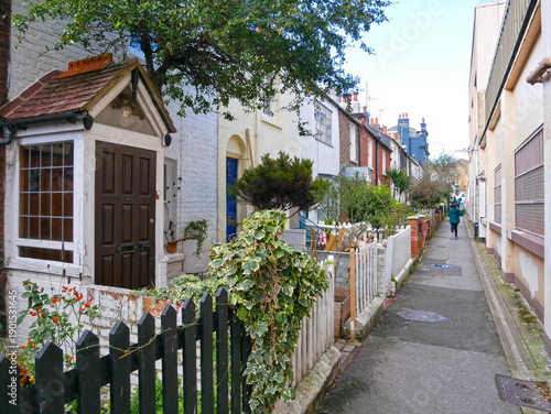 Old Two-Storey Regency Cottages in Frederick Gardens, Brighton, England Built in the 1820s with Colorful Doors and Traditional Architecture