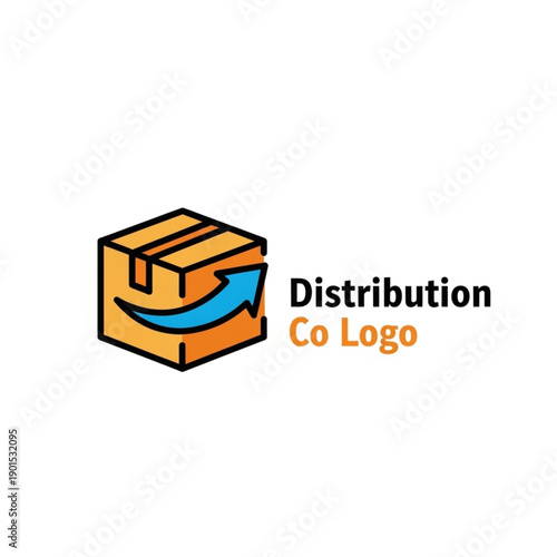 Minimalist vector logo of an orange delivery box with a blue outgoing arrow, perfect for logistics and distribution companies.